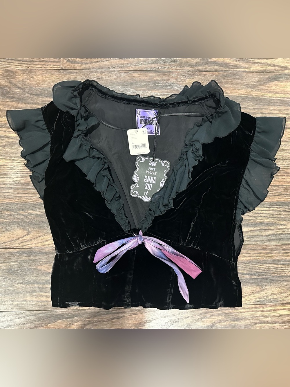 Free People x Anna Sui Lilly Solid Black Velvet Ruffle Tie-Front Top Large L NWT